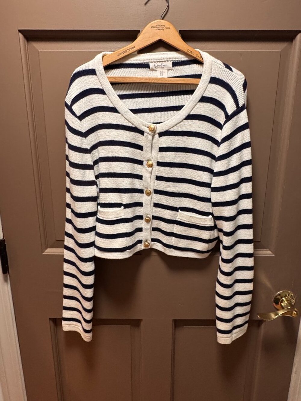 Jessica Simpson Cream Navy Striped Cropped Cardigan XL